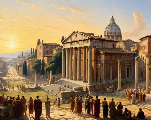 Grand Roman Cityscape at Sunset with Classical Architecture