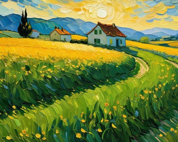 Vibrant Landscape with Rolling Hills and Charming Houses