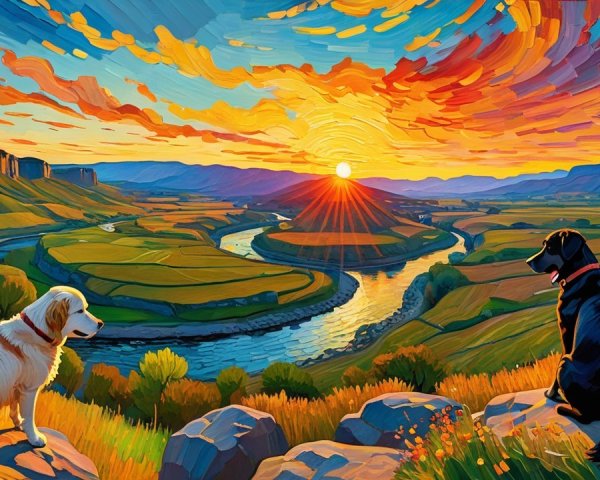 Vibrant Landscape with River, Dogs, and Sunset Sky
