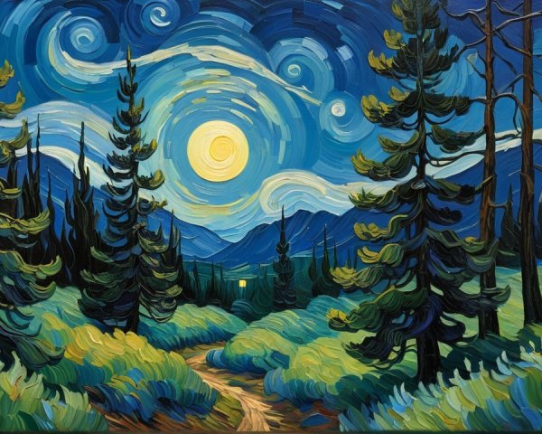 Vibrant Night Landscape with Moon and Pine Trees