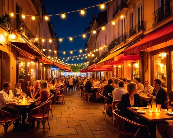 Charming Street with Cafés and Warm String Lights