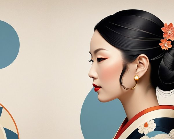 Stylized Profile of Woman in Elegant Kimono