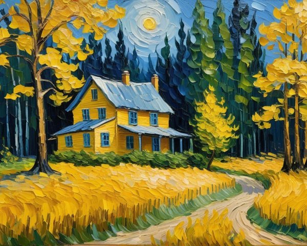 Colorful Autumn Scene with Yellow House and Forest