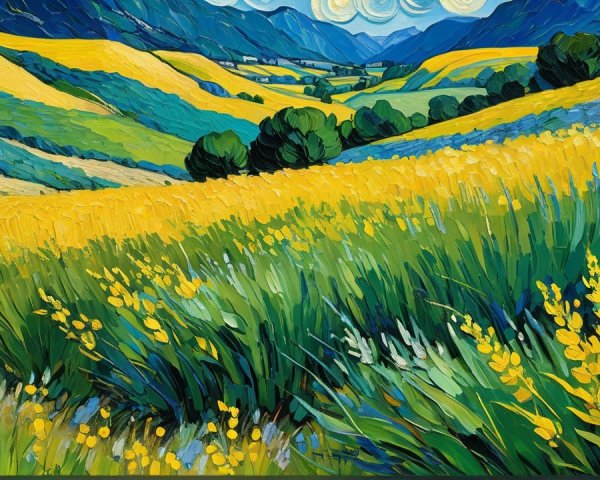 Vibrant Landscape with Rolling Hills and Flowers