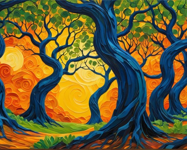 Vibrant Landscape with Twisting Trees and Fiery Sky