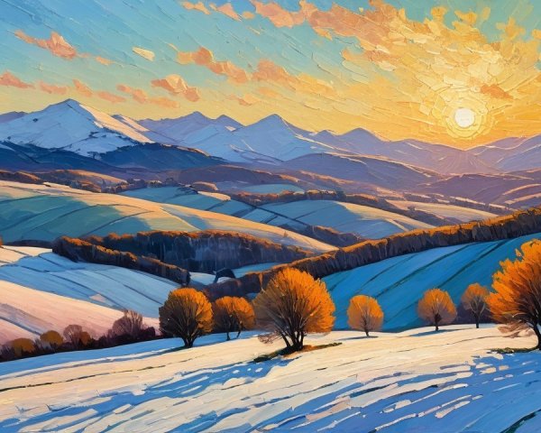 Vibrant Winter Landscape with Snowy Hills and Sunrise