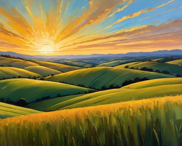 Vibrant Sunset Over Rolling Hills and Green Fields