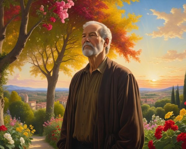 Elderly Man in Vibrant Garden at Sunset