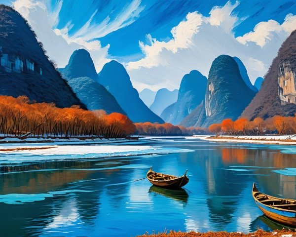 Winter River Landscape with Karst Mountains and Boats