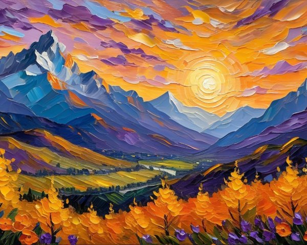 Vibrant Landscape Painting of Majestic Mountains and Sky