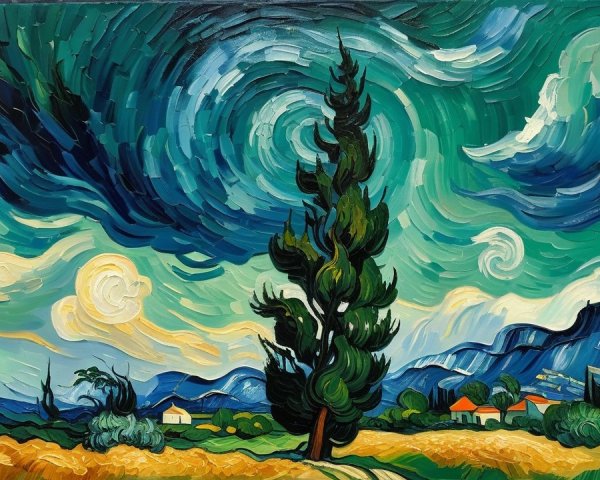 Vibrant Post-Impressionist Landscape with Swirling Skies