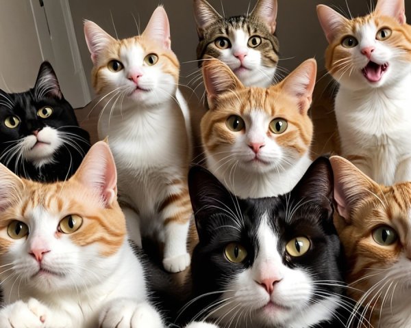 Group of Eight Cats in Cozy Indoor Setting