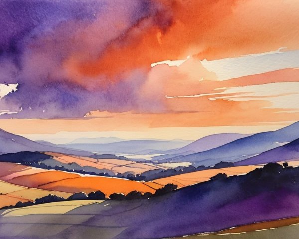Vibrant Watercolor Landscape of Rolling Hills and Valleys