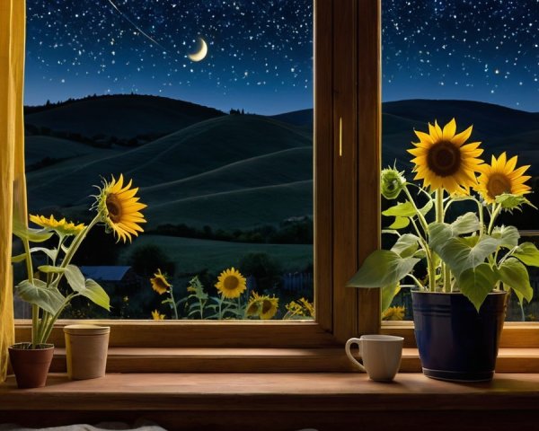 Cozy Nighttime Window View with Sunflowers and Moon