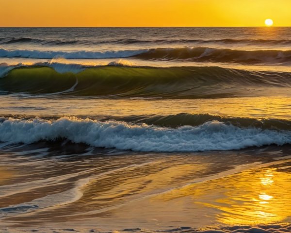 Sunset Over Ocean with Golden Hues and Gentle Waves