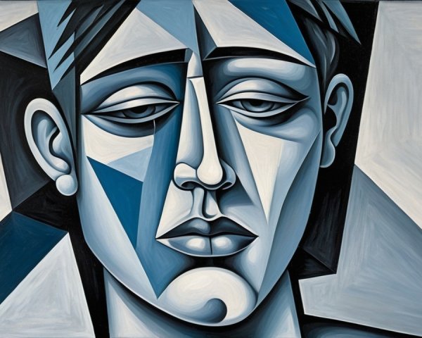 Monochromatic Blue Stylized Portrait with Geometric Shapes