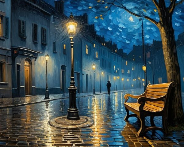 Serene Street Scene with Vintage Lamppost at Night