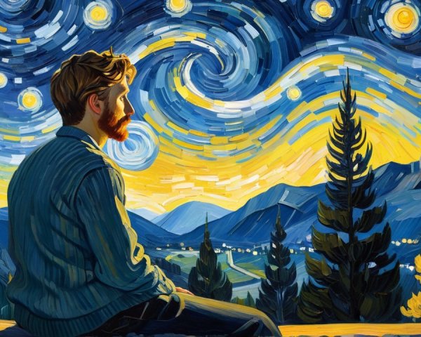 Artistic Painting of a Man Gazing at Starry Night Sky