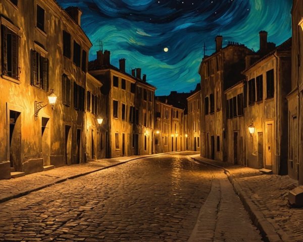 Charming Night Street with Lanterns and Cobblestones