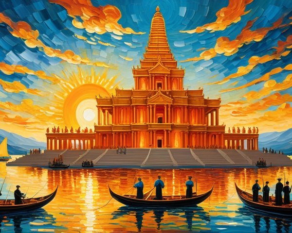 Vibrant landscape with temple and sunset reflections