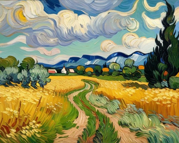 Vibrant Landscape with Wheat Fields and Mountains