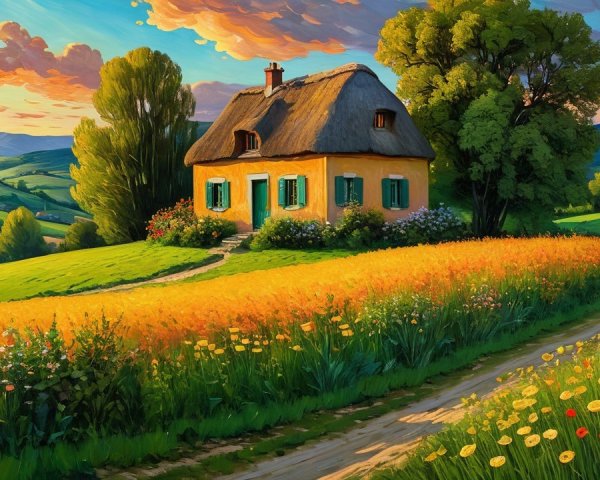 Thatched-Roof Cottage Surrounded by Wildflower Fields