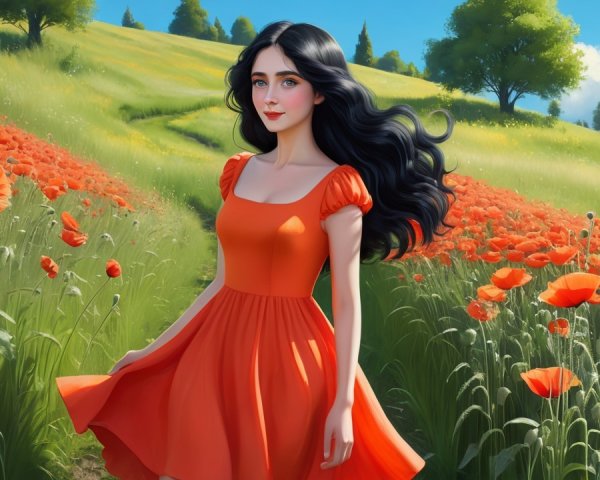 Young woman in orange dress among red poppies