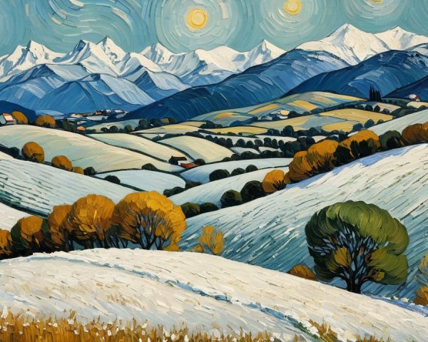 Vibrant Snowy Hills and Autumn Trees Landscape