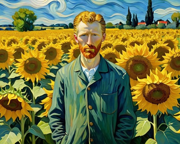 Vibrant Sky and Sunflowers with Figure in Green Jacket