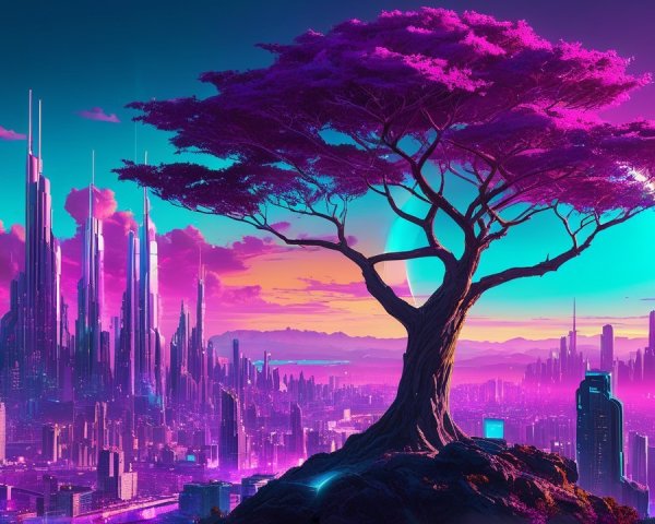 Futuristic cityscape with vibrant colors and a planet