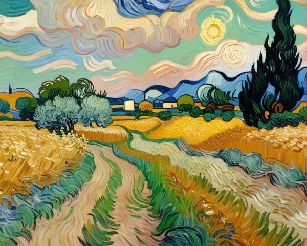 Vibrant Landscape of Wheat Fields and Cypress Trees