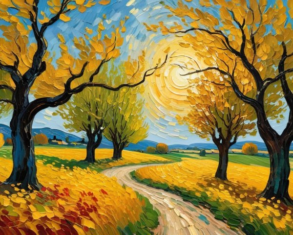 Vibrant Autumn Landscape with Golden Skies and Trees
