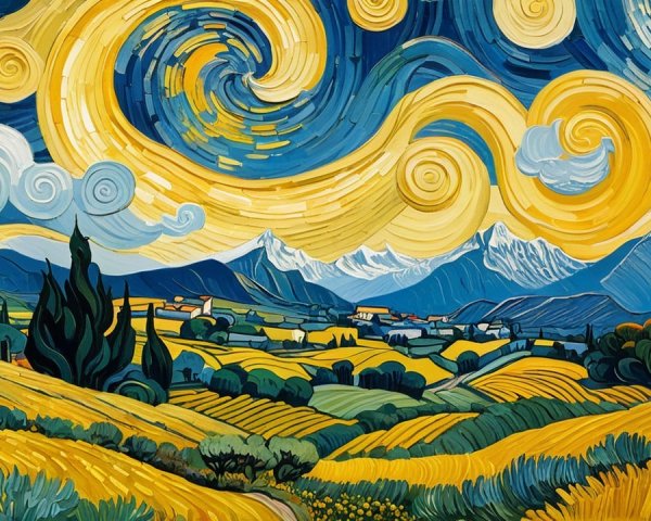 Vibrant Expressionist Landscape with Swirling Sky