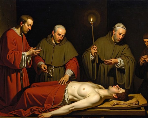 Monks Mourning Over Lifeless Body in Dark Setting