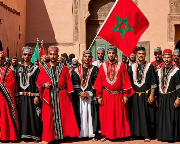 Moroccan Attire and Flags Against Ornate Architecture