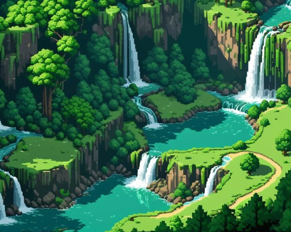 Vibrant Pixel-Art Landscape with Waterfalls and Hills