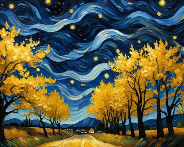 Swirling Night Sky with Autumn Trees and Distant Lights
