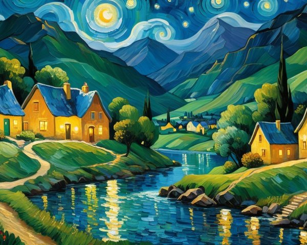 Charming Cottages by a Serene River at Night