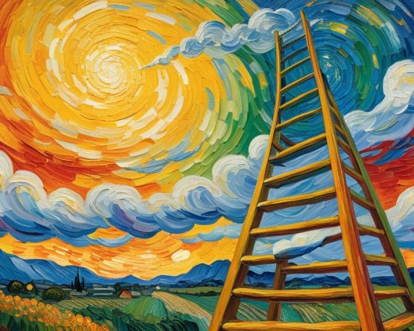 Vibrant Landscape with Ladder and Colorful Sky
