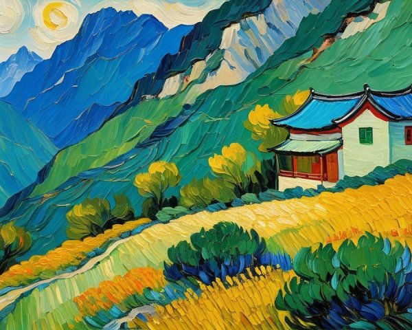 Impasto Oil Painting of Mountain Valley Landscape