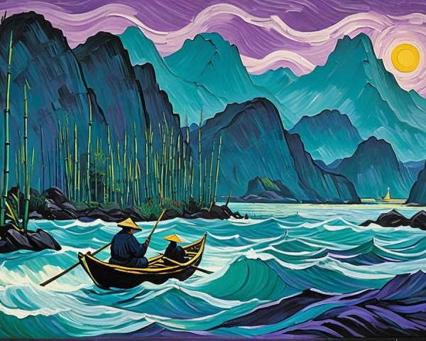 Conical Hat Figures Rowing in Colorful Waters