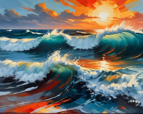 Vibrant Seascape with Crashing Waves and Sunset