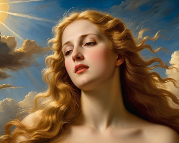 Serene Woman in Sunlit Sky with Flowing Hair