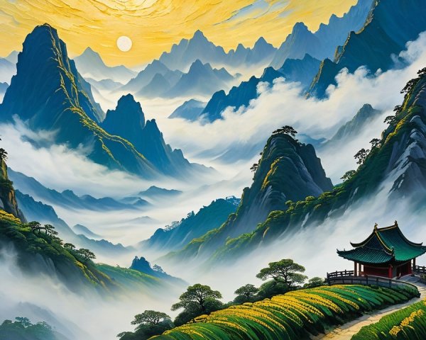 Vibrant Mountain Landscape with Pagoda and Flowers