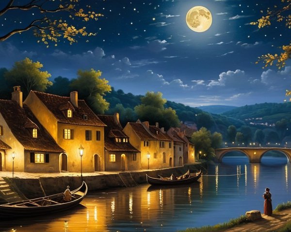 Serene Night Scene of a Village by a River