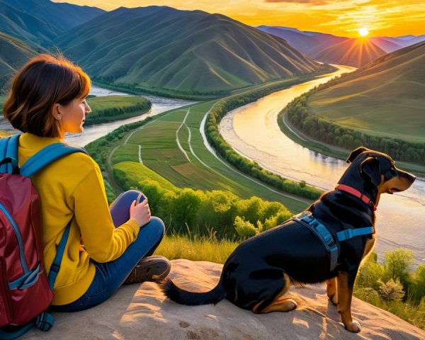 Woman and dog on hilltop at sunset over river