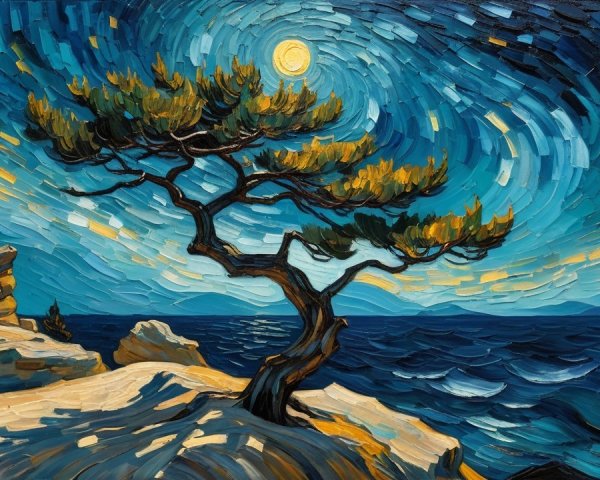 Night Sky and Bent Tree on Rocky Shoreline Scene