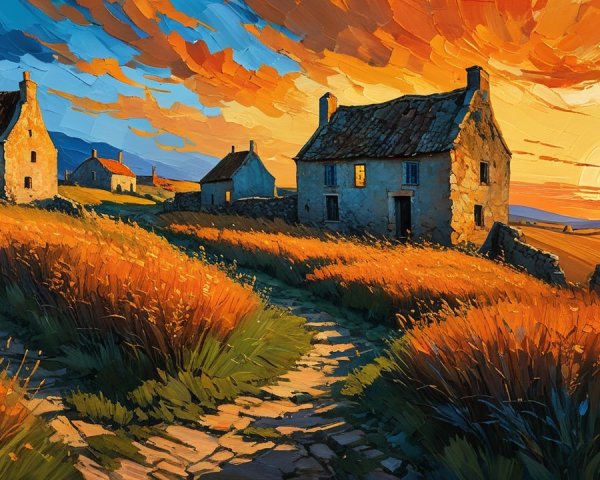 Vibrant Sunset Over a Serene Rural Landscape