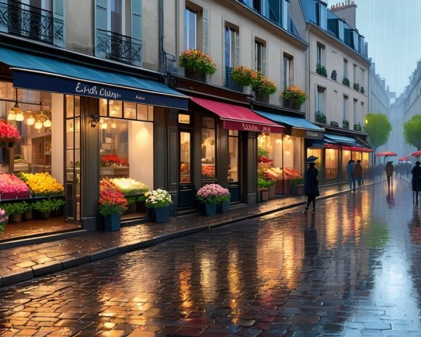 Charming Paris Street with Flower Shops and Rain