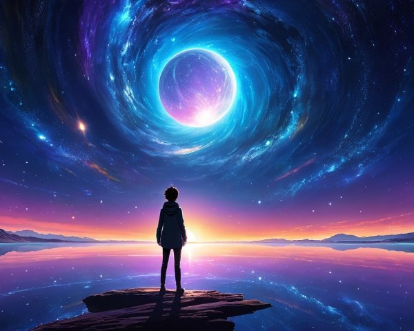 Cosmic Scene with Figure on Rocky Outcrop and Water